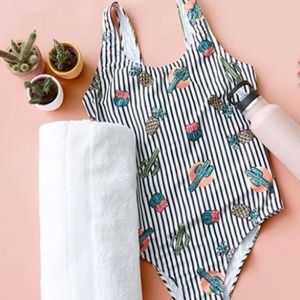 Primark Cactus & Pineapple striped one piece swimsuit, size 8